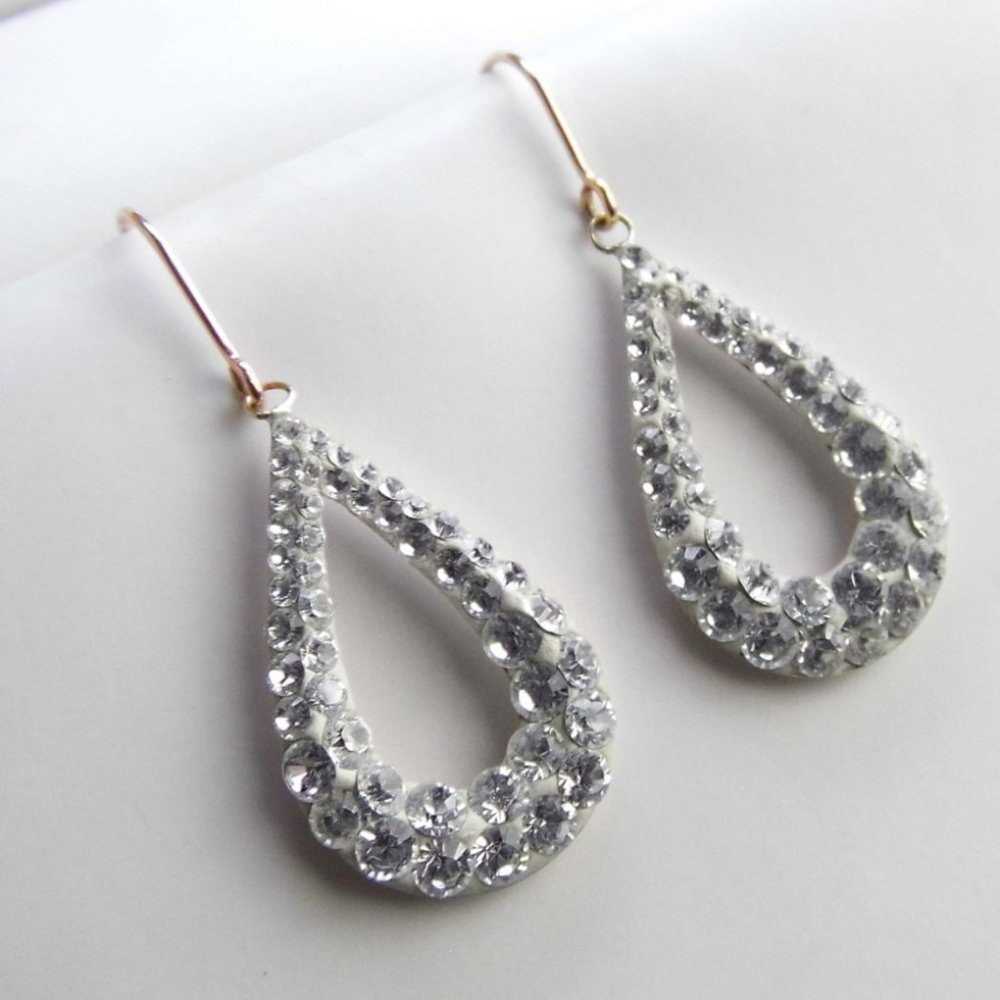 10K Yellow GOLD Drop Crystal Dangle EARRINGS - Picture 2 of 7